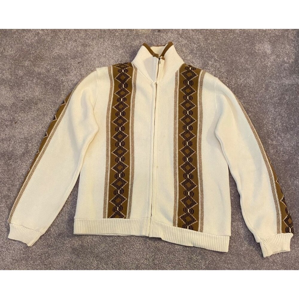 Vintage Waldorf Sportswear Sweater Jacket White & Brown Patterned Zip-Up Large